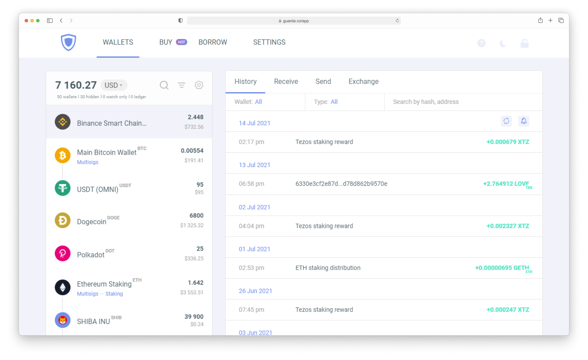 Online crypto wallet interface